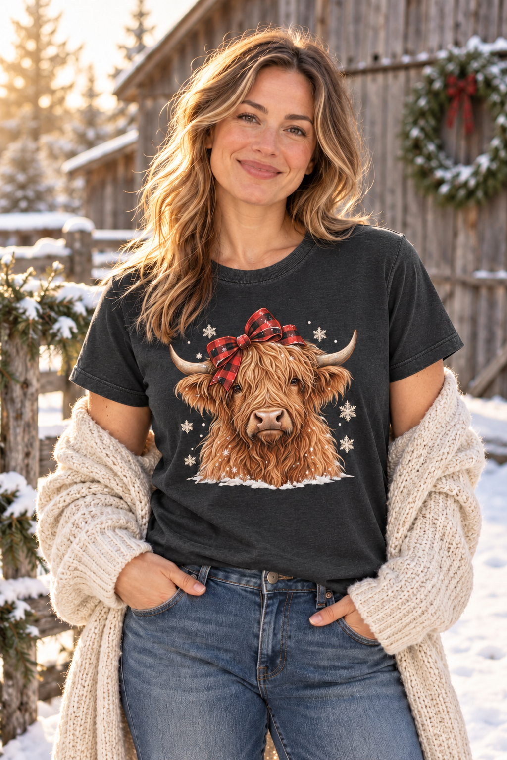 Woman wearing the Highland Cow Bow Women's Tee