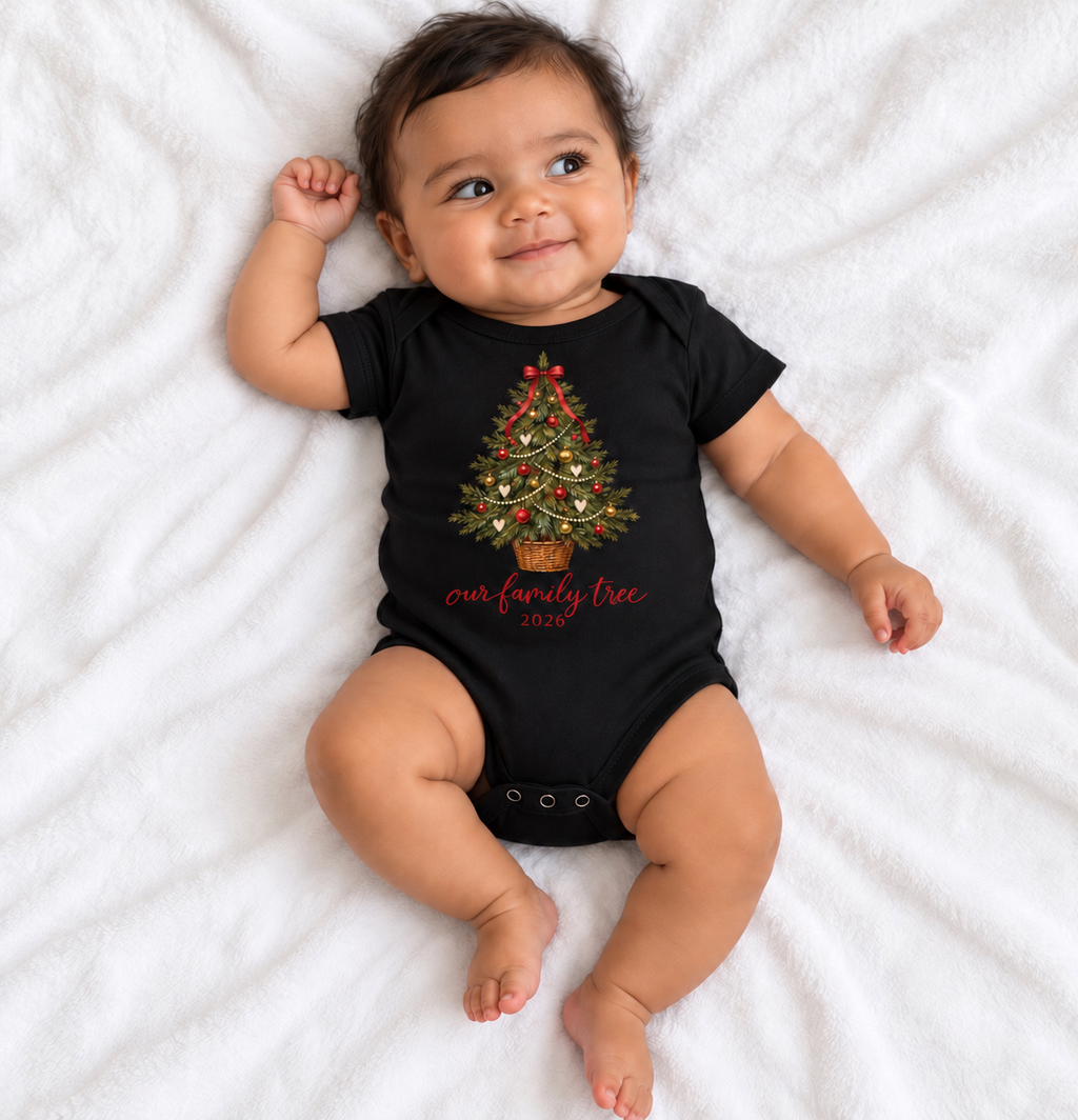 Baby wearing black Our Family Tree 2026 bodysuit