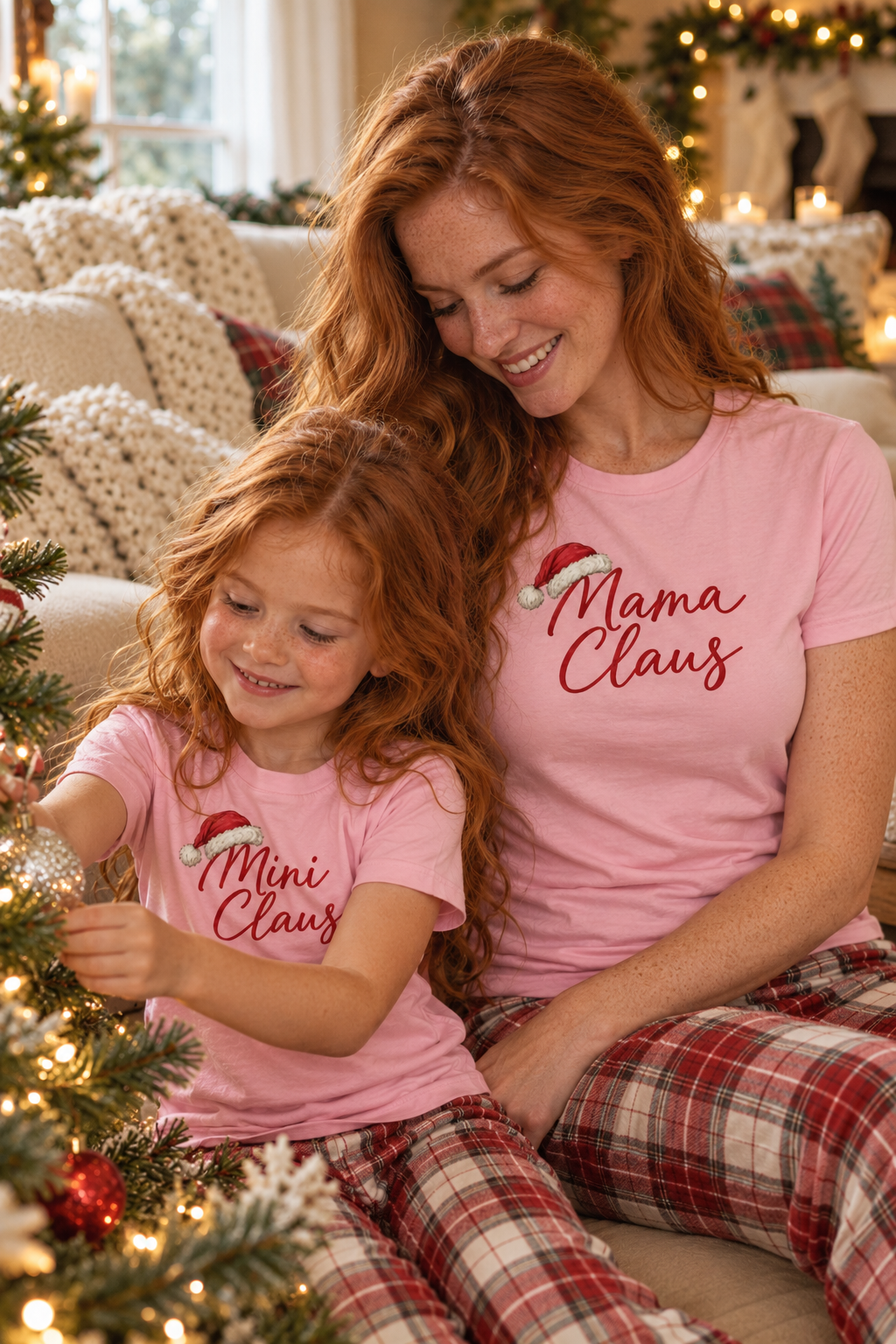 Mom and daughter in pink Mama Claus and Mini Claus tees